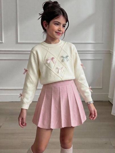 SHEIN Tween Girl Autumn Knitted 2 Pieces Set, Cute 3D Bow Sweater Pleated Skirt, 8-13 Years Old 3D Cable Knit White Light Pink, Outfit School Off Campus