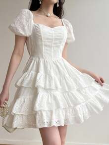Feyla Embroidery Ruffle Hem Women Mini Dress, White For Graduation, Summer Dresses Birthday Flowy Embroidered - White - View 4