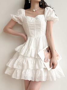 Feyla Embroidery Ruffle Hem Women Mini Dress, White For Graduation, Summer Dresses Birthday Flowy Embroidered - White - View 7