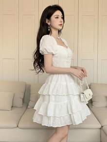 Feyla Embroidery Ruffle Hem Women Mini Dress, White For Graduation, Summer Dresses Birthday Flowy Embroidered - White - View 2