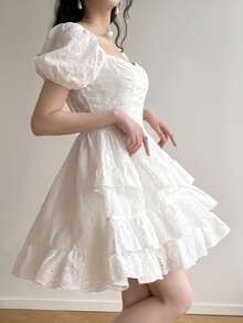 Feyla Embroidery Ruffle Hem Women Mini Dress, White For Graduation, Summer Dresses Birthday Flowy Embroidered - White - View 5