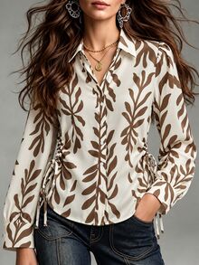 SHEIN Ladies' Autumn-Winter Blouse With V-Neck And Front Slit, Casual Shirt With Drawstring, Simple Commute Elegant Top For Office Wear.Banquet Attire - Khaki - View 9