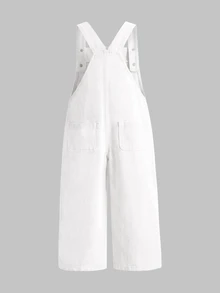 SHEIN 少女牛仔藍夏季牛仔褲，新風格，愛心印花，時尚休閒舒適柔軟牛仔連身褲 - 白色 - 查看 3
