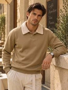HIMLAND Men's Contrast Color Collar Sweatshirt Streetwear Casual Fleece Oversized Pullover Crew Neck Halloween Winter Party Holiday Beach Autumn Brown - Khaki - View 1