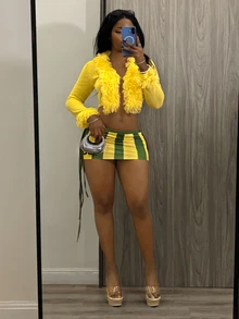 Fiercella Fiercella Women's Colorblock Striped Number & Letter Print Tassel Decor Fashion Skirt,Afro Fashion Outfits - Green - View 3