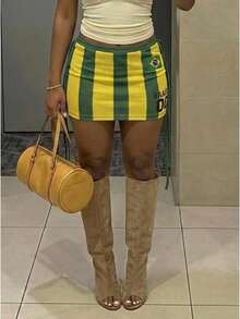 Fiercella Fiercella Women's Colorblock Striped Number & Letter Print Tassel Decor Fashion Skirt,Afro Fashion Outfits - Green - View 4