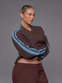 Voyena Women's Plus Size Color Block Striped Sports Jacket Fall - Coffee Brown - View 2