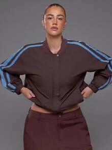 Voyena Women's Plus Size Color Block Striped Sports Jacket Fall - Coffee Brown - View 1