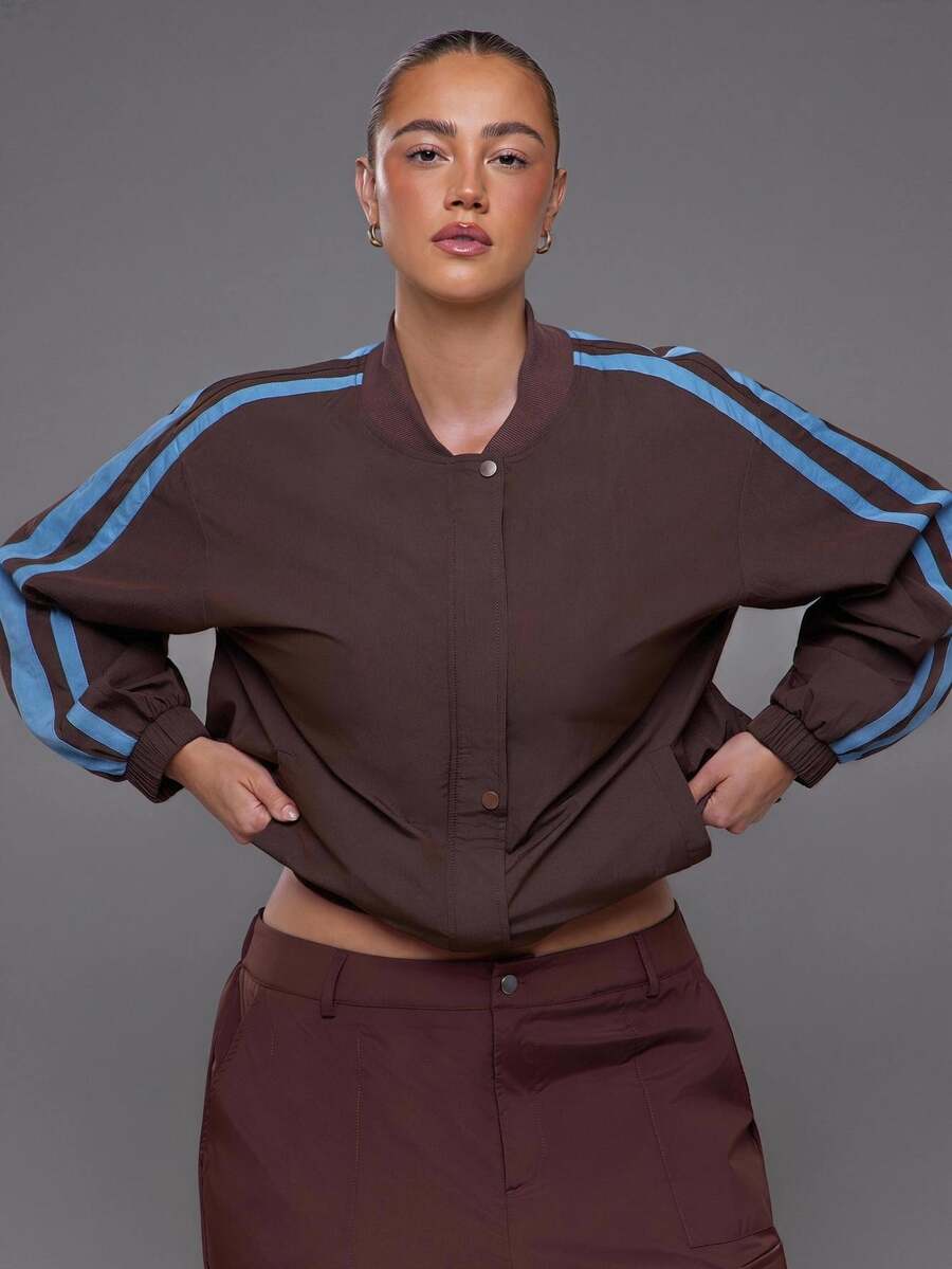 Voyena Women's Plus Size Color Block Striped Sports Jacket Fall - Coffee Brown - View 1