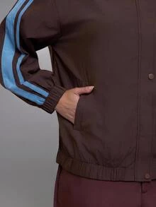 Voyena Women's Plus Size Color Block Striped Sports Jacket Fall - Coffee Brown - View 5