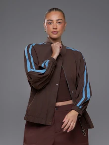 Voyena Women's Plus Size Color Block Striped Sports Jacket Fall - Coffee Brown - View 3