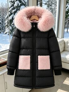 SHEIN 冬季新款女童大童中長款連帽加厚棉襖，甜粉色大毛領加厚棉襖，對比色毛絨口袋，寬鬆版型，時尚絎縫防漏保暖棉襖，百搭休閒冬季學生派克大衣 - 黑色 - 查看 4