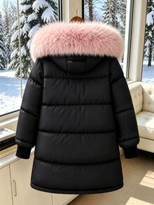 SHEIN 冬季新款女童大童中長款連帽加厚棉襖，甜粉色大毛領加厚棉襖，對比色毛絨口袋，寬鬆版型，時尚絎縫防漏保暖棉襖，百搭休閒冬季學生派克大衣 - 黑色 - 查看 2