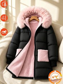 SHEIN 冬季新款女童大童中長款連帽加厚棉襖，甜粉色大毛領加厚棉襖，對比色毛絨口袋，寬鬆版型，時尚絎縫防漏保暖棉襖，百搭休閒冬季學生派克大衣 - 黑色 - 查看 10