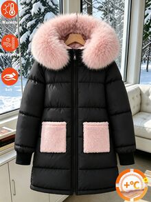 SHEIN 冬季新款女童大童中長款連帽加厚棉襖，甜粉色大毛領加厚棉襖，對比色毛絨口袋，寬鬆版型，時尚絎縫防漏保暖棉襖，百搭休閒冬季學生派克大衣 - 黑色 - 查看 6
