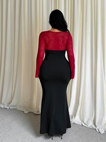 GalTyme Gaun Malam Formal Seksi Elegan Lengan Panjang Ukuran Besar dengan Blok Warna dan Renda, Cocok untuk Liburan, Makan Malam, dan Acara Formal, Warna Hitam, Cocok untuk Musim Semi dan Gugur. - MultiWarna - View 2