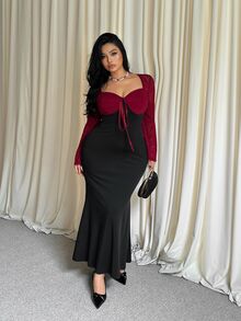 GalTyme Gaun Malam Formal Seksi Elegan Lengan Panjang Ukuran Besar dengan Blok Warna dan Renda, Cocok untuk Liburan, Makan Malam, dan Acara Formal, Warna Hitam, Cocok untuk Musim Semi dan Gugur. - MultiWarna - View 5
