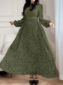 Feyla 女士休闲度假风碎花灯笼袖两件套阿拉伯连衣裙，春秋季 - 軍綠色 - 查看 8