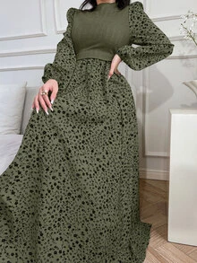 Feyla 女士休闲度假风碎花灯笼袖两件套阿拉伯连衣裙，春秋季 - 軍綠色 - 查看 6