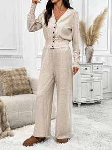 SHEIN Clasi Set Atasan Model Terbuka Depan dengan Pinggang Ramping dan Celana Panjang Lebar, Lembut dan Nyaman - Aprikot - View 1