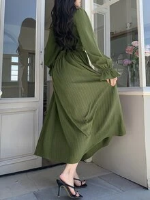 Feyla 女士纯色简约长袖连衣裙，休闲日常穿着 - 軍綠色 - 查看 6