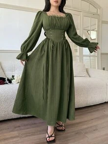 Feyla 女士纯色简约长袖连衣裙，休闲日常穿着 - 軍綠色 - 查看 5