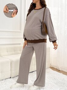 SHEIN 孕婦圓領藍白條紋長袖上衣可調腰圍褲子休閒寬鬆套裝 2 件組 秋季拍照居家外出穿搭 - 棕色 - 查看 9