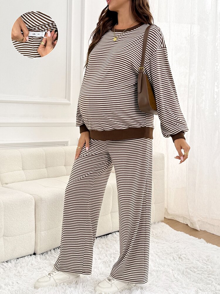 SHEIN Maternity Round Neck Blue White Stripe Long Sleeve Top Adjustable Waist Pants Casual Baggy Loose Fit 2 Pieces Set Fall Photoshoot Lounge Going Out - Brown - View 9