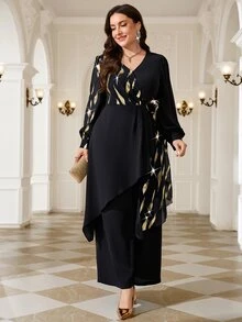 Reflora Plus Size Women V-Neck Mesh Patchwork Long Sleeve Top And Pants Casual Daily 2 Pieces Set Fall - Black - View 5