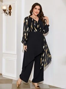 Reflora Plus Size Women V-Neck Mesh Patchwork Long Sleeve Top And Pants Casual Daily 2 Pieces Set Fall - Black - View 8