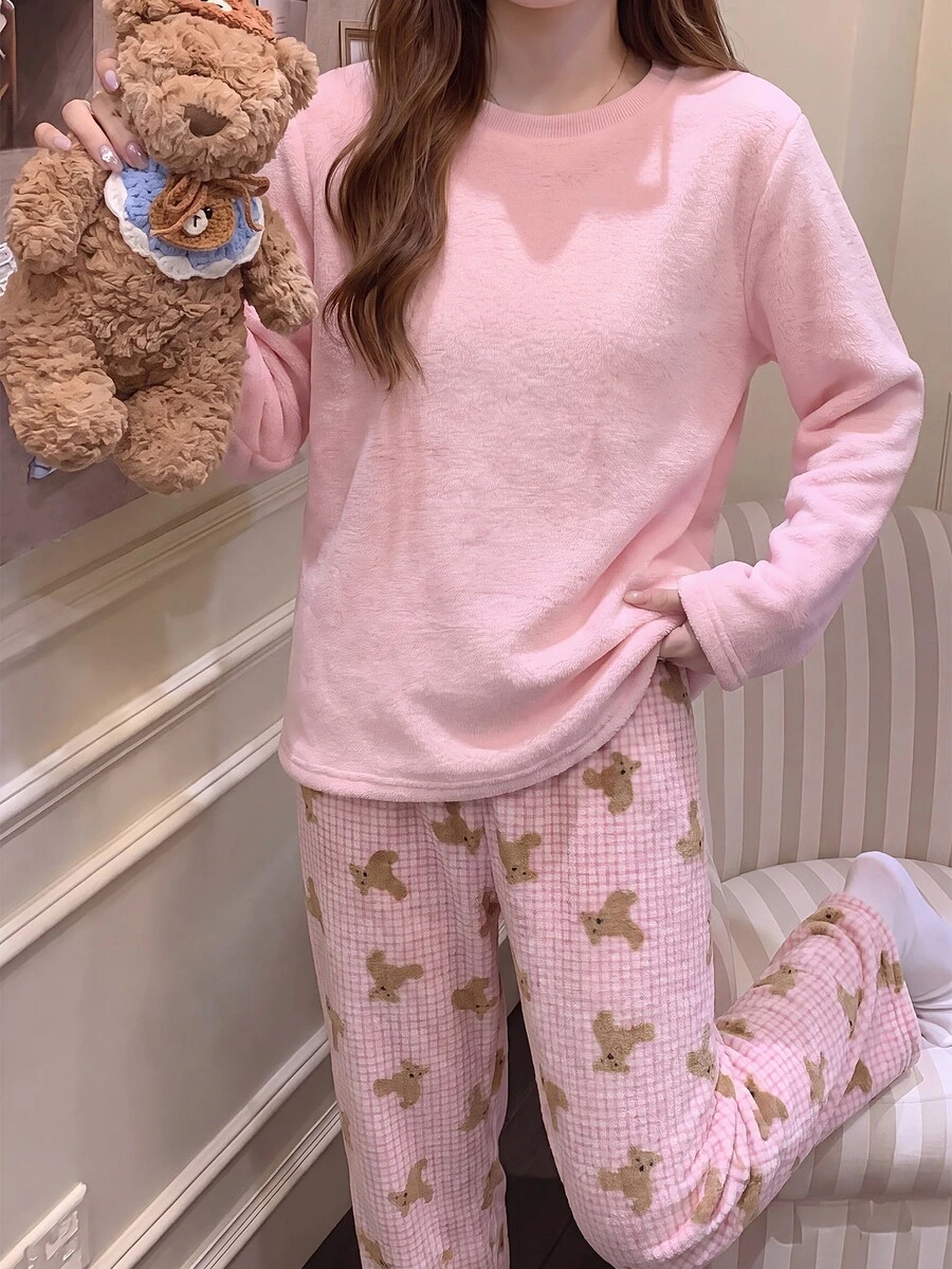 青少年女孩法蘭絨長袖居家服套裝,甜美軟妹風,純粉色上衣搭配粉色格紋長褲,厚法蘭絨抓毛布,冬季保暖 - 彩色 - 查看 1