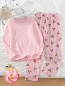 青少年女孩法蘭絨長袖居家服套裝，甜美軟妹風，純粉色上衣搭配粉色格紋長褲，厚法蘭絨抓毛布，冬季保暖 - 彩色 - 查看 3