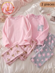 青少年女孩法蘭絨長袖居家服套裝，甜美軟妹風，純粉色上衣搭配粉色格紋長褲，厚法蘭絨抓毛布，冬季保暖 - 彩色 - 查看 6