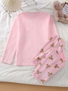 青少年女孩法蘭絨長袖居家服套裝，甜美軟妹風，純粉色上衣搭配粉色格紋長褲，厚法蘭絨抓毛布，冬季保暖 - 彩色 - 查看 2
