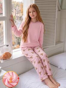 青少年女孩法蘭絨長袖居家服套裝，甜美軟妹風，純粉色上衣搭配粉色格紋長褲，厚法蘭絨抓毛布，冬季保暖 - 彩色 - 查看 8