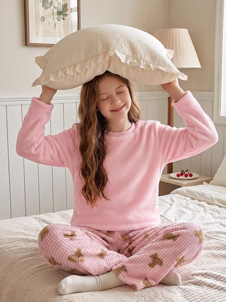 Teen Girls Flannel Long Sleeve Loungewear Set, Sweet Soft Girl Style, Pure Pink Top With Pink Plaid Pants,Thick Flannel Fleece, Warm Winter - Multicolor - View 9