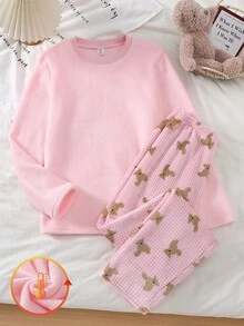 青少年女孩法蘭絨長袖居家服套裝，甜美軟妹風，純粉色上衣搭配粉色格紋長褲，厚法蘭絨抓毛布，冬季保暖 - 彩色 - 查看 5