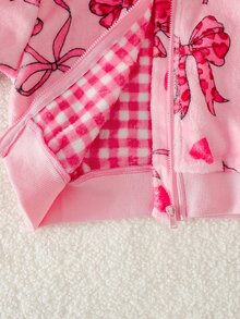 SHEIN Genkimix Kids Young Girls Sweet Cute Bow Fuzzy Zipper Jacket Coat Suitable For Daily Casual Outings Spring Autumn Winter - Pink - View 6