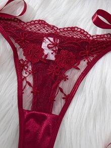 Crystal Vow 2 件套女士勃艮第浪漫刺绣系带性感内衣套装，丁字裤 - 酒紅色 - 查看 5