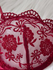 Crystal Vow 2 件套女士勃艮第浪漫刺绣系带性感内衣套装，丁字裤 - 酒紅色 - 查看 4