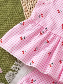 SHEIN Vintaside Kids 女童2件套：無袖櫻桃印花上衣搭配3D鉤編櫻桃裝飾 + 寬鬆寬腿長褲，適合休閒嬰幼兒，夏季粉色 - 粉色 - 查看 9