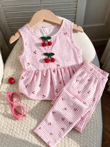 SHEIN Vintaside Kids 女童2件套：無袖櫻桃印花上衣搭配3D鉤編櫻桃裝飾 + 寬鬆寬腿長褲，適合休閒嬰幼兒，夏季粉色 - 粉色 - 查看 4