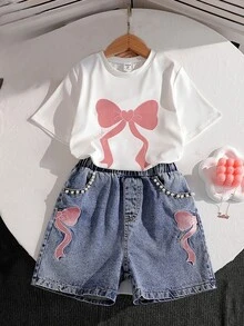 SHEIN 2 件套青少年女孩夏季套装，蝴蝶结印花短袖 T 恤上衣 + 蝴蝶刺绣短裤，2 件套服装 - 白色 - 查看 5