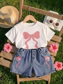 SHEIN 2 件套青少年女孩夏季套装，蝴蝶结印花短袖 T 恤上衣 + 蝴蝶刺绣短裤，2 件套服装 - 白色 - 查看 4