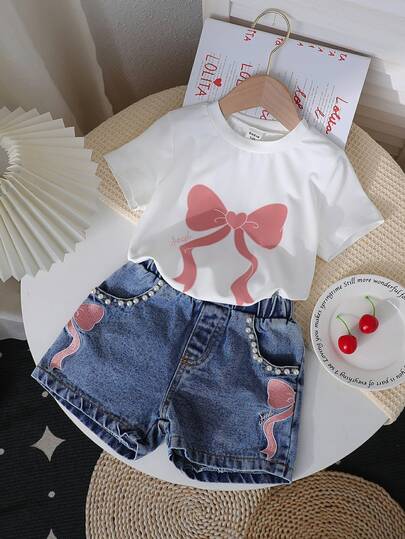 SHEIN 2pcs Tween Girls Summer Set, Bow Print Short Sleeve T-Shirt Top + Butterfly Embroidered Shorts, 2 Pieces Outfit Summer Holiday