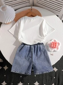 SHEIN 2 件套青少年女孩夏季套装，蝴蝶结印花短袖 T 恤上衣 + 蝴蝶刺绣短裤，2 件套服装 - 白色 - 查看 3