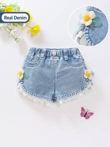 Souflis Souflis Baby Girl Casual Cute Vacation Versatile 3D Accessory Lace Elastic Waist Decorative Buckle Washed Blue Denim Shorts - Light Wash - View 2