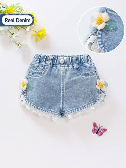Souflis Souflis Baby Girl Casual Cute Vacation Versatile 3D Accessory Lace Elastic Waist Decorative Buckle Washed Blue Denim Shorts