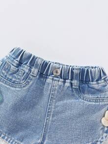 Souflis Souflis Baby Girl Casual Cute Vacation Versatile 3D Accessory Lace Elastic Waist Decorative Buckle Washed Blue Denim Shorts - Light Wash - View 7