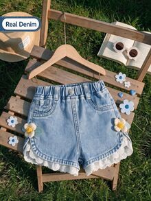 Souflis Souflis Baby Girl Casual Cute Vacation Versatile 3D Accessory Lace Elastic Waist Decorative Buckle Washed Blue Denim Shorts - Light Wash - View 4